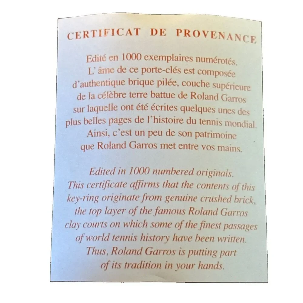 Vintage 1998 Roland Garros Keychain With Red Court Clay And Certificate